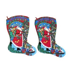 Vtg Pair Handmade Large Christmas Stockings Santa Teddy Bear & Toy Print  Retro